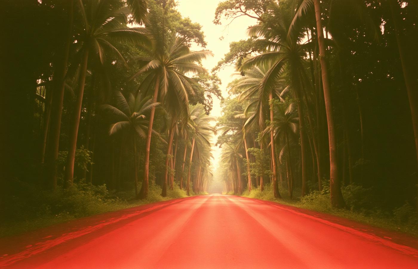 Estrada de barro vermelho entre árvores altas na década de 1970
