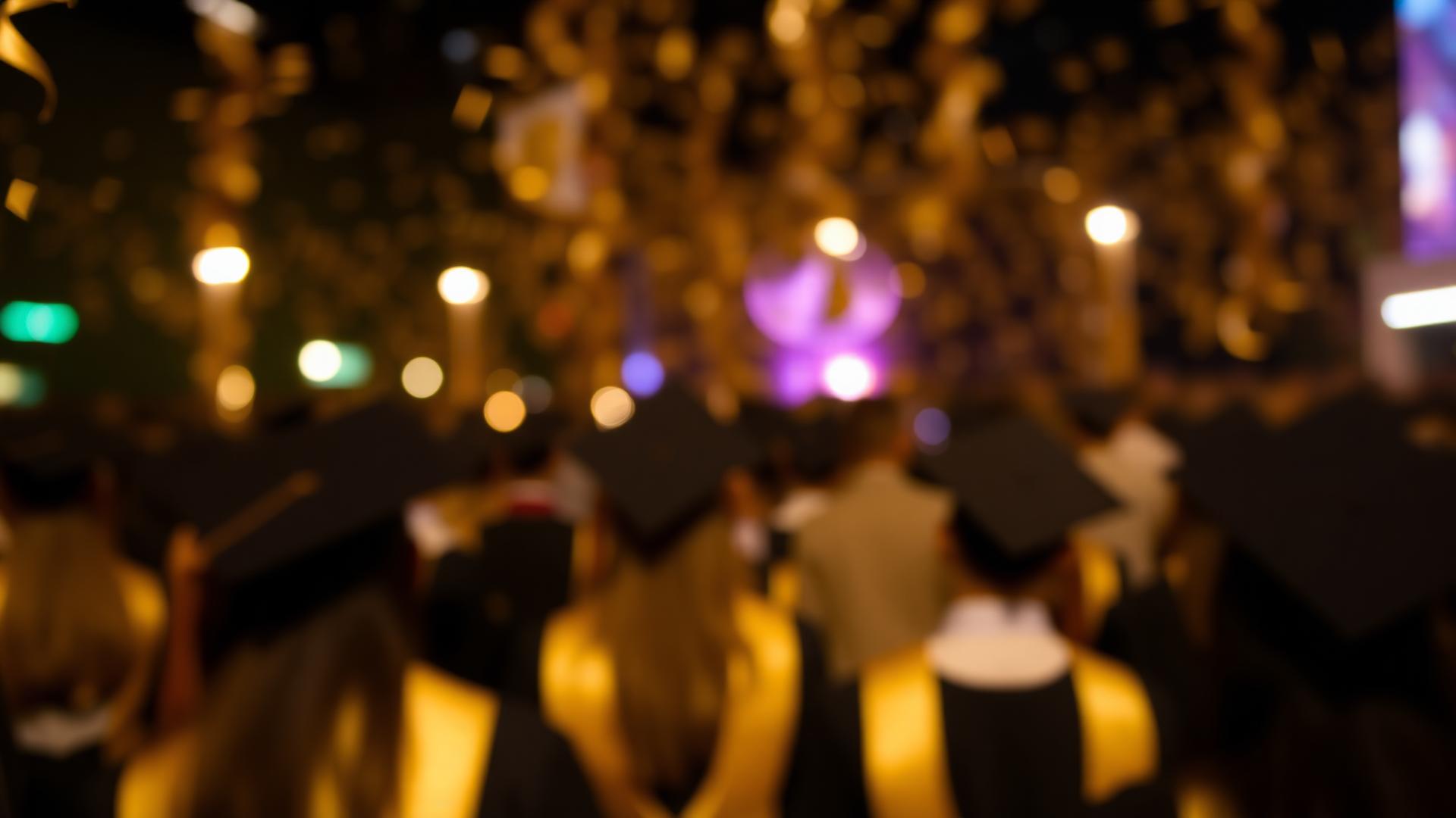Celebração de formatura com luzes douradas desfocadas