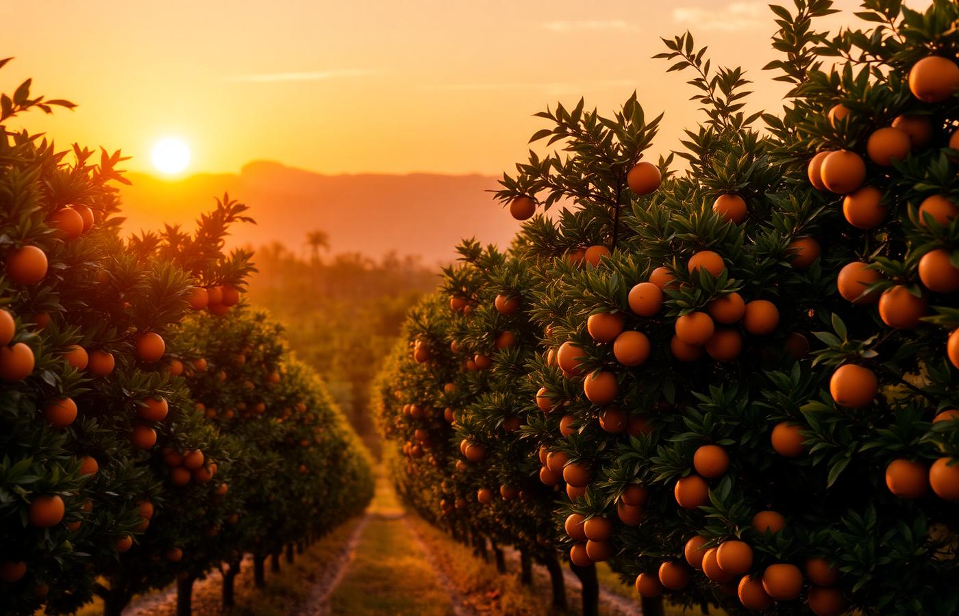 Laranjal ao pôr do sol com fileiras de laranjeiras carregadas de frutos