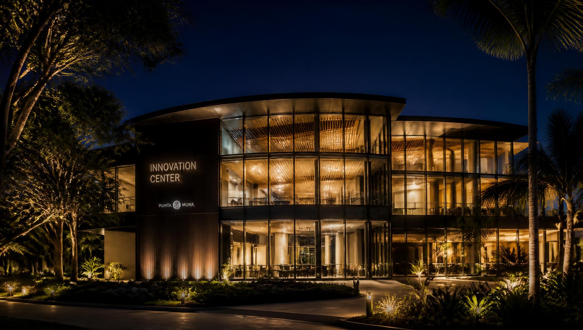 Centro de inovação moderno em vidro iluminado à noite