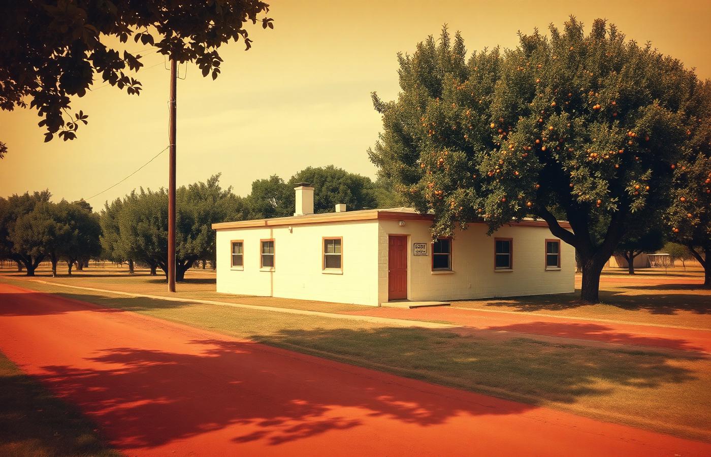 Prédio simples da escola em 1986, cercado por laranjal e estrada de barro