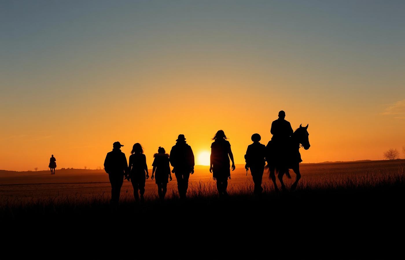 Silhuetas de pessoas caminhando ao lado de um cavaleiro ao entardecer